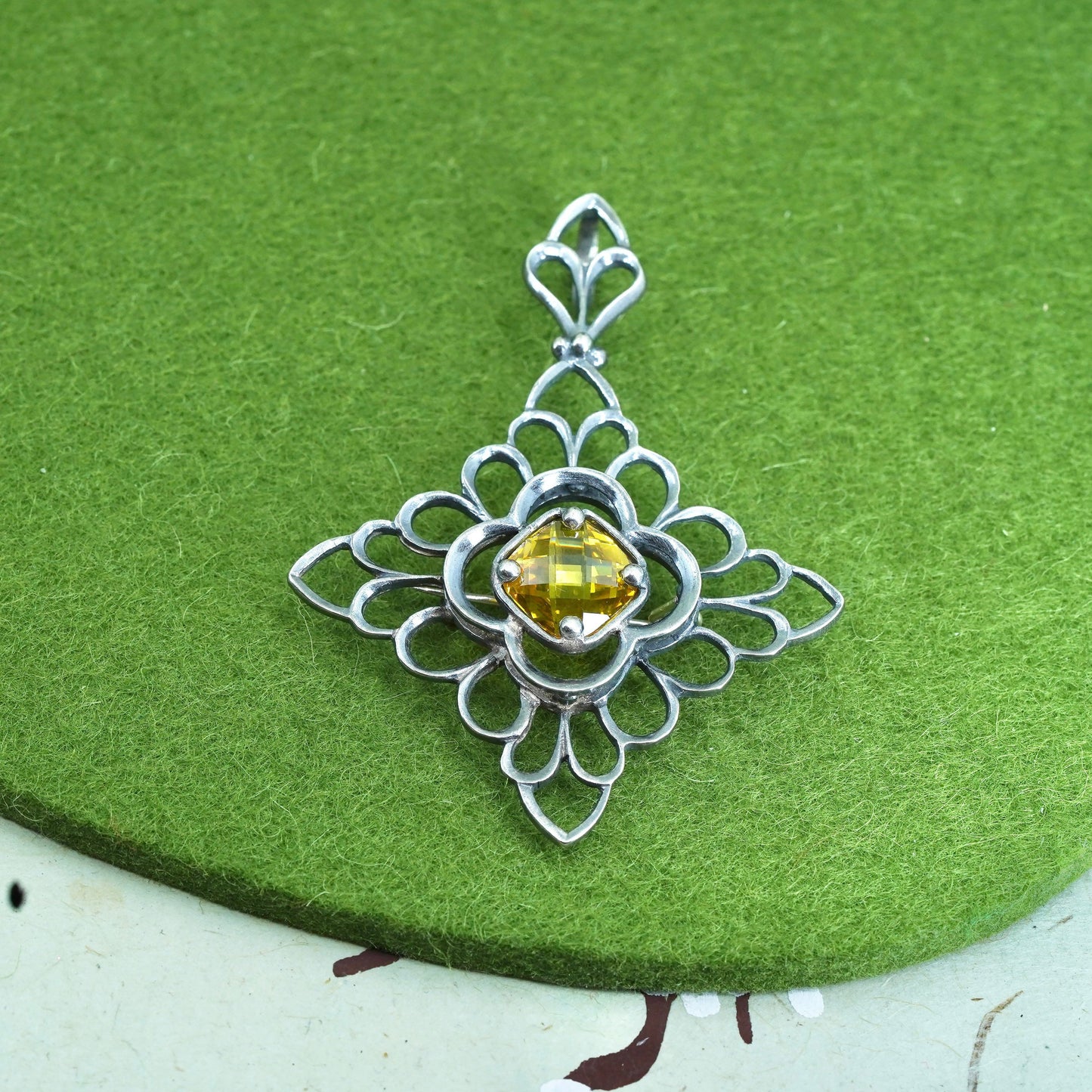 sterling silver handmade brooch, 925 floral filigree snowflake pendant citrine