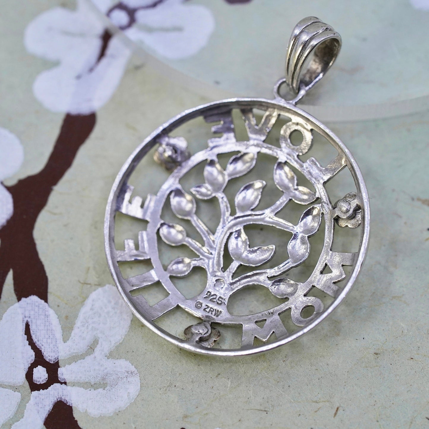 Vintage sterling silver handmade pendant, 925 filigree family tree tag charm