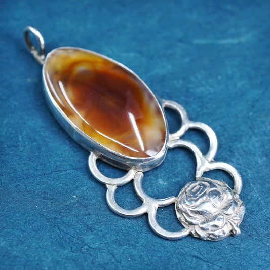 Vintage Sterling silver 925 handmade pendant with agate and rose flower