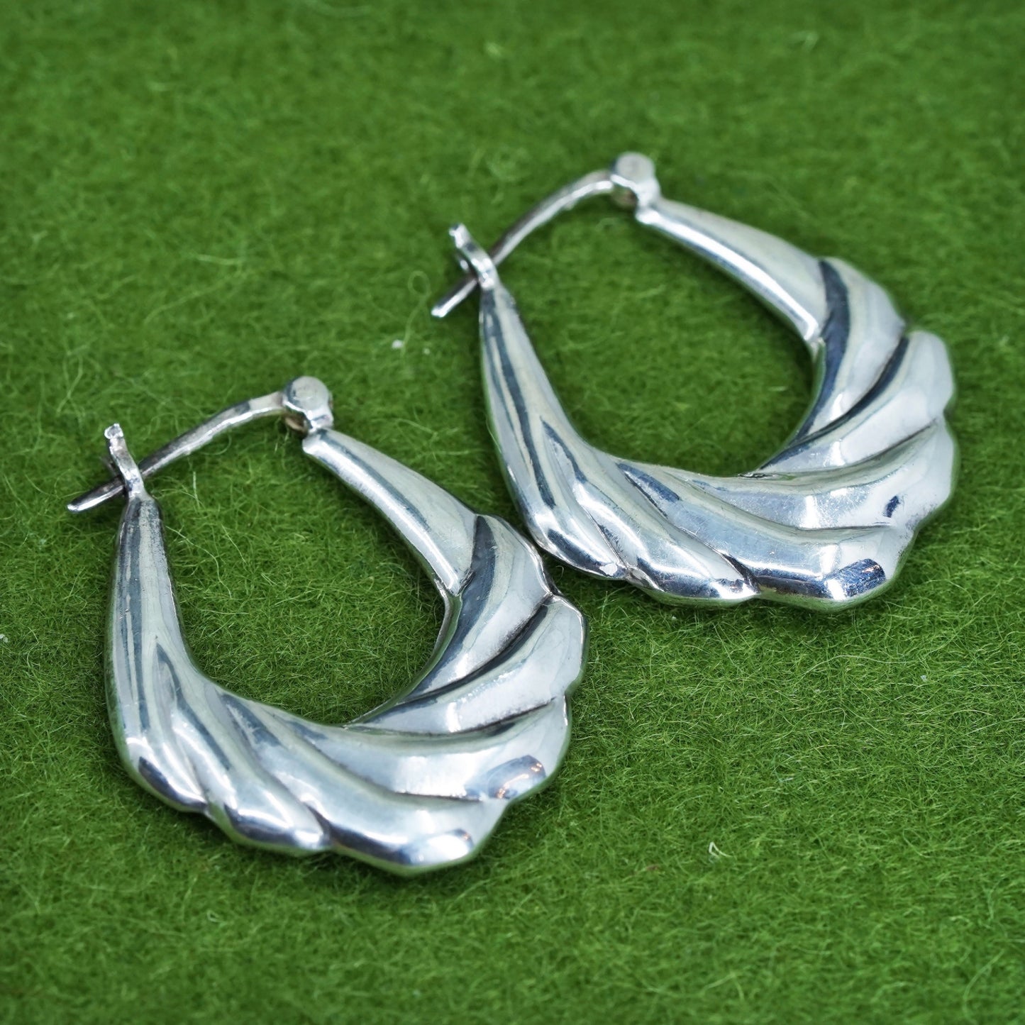 1.25", Vintage sterling silver loop earrings, textured oval hoops