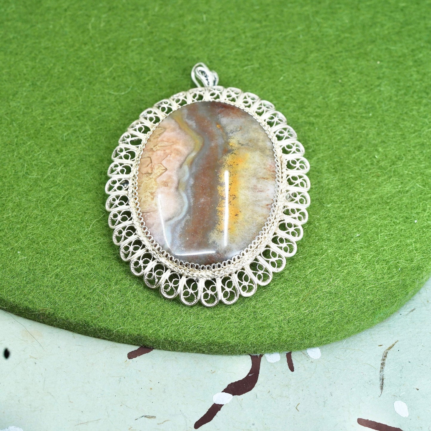 Sterling silver handmade brooch, 900 filigree pendant, oval landscape agate