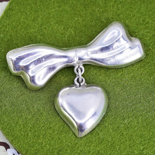 Vintage Mexican sterling silver handmade brooch, 925 ribbon with heart charm