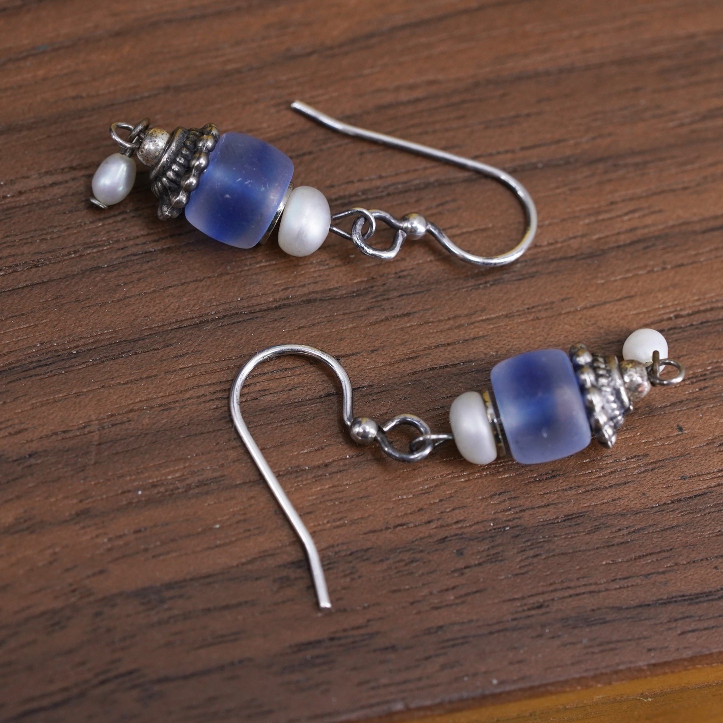 Vintage sterling 925 silver handmade earrings with pearl and blue glass bead