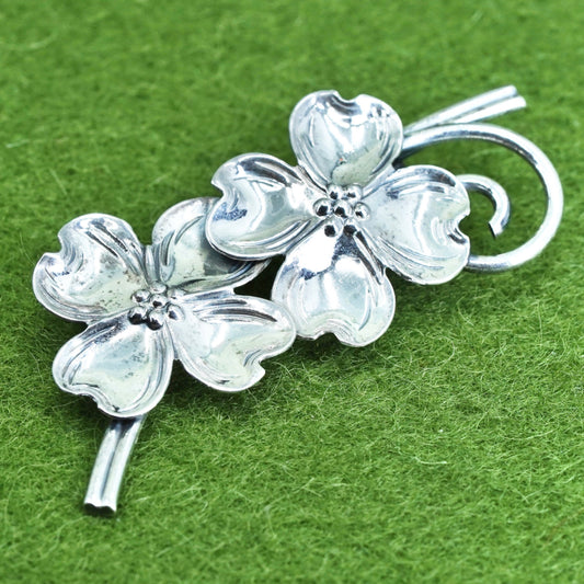 Vintage sterling silver dogwood flower shaped brooch, 925 brooch