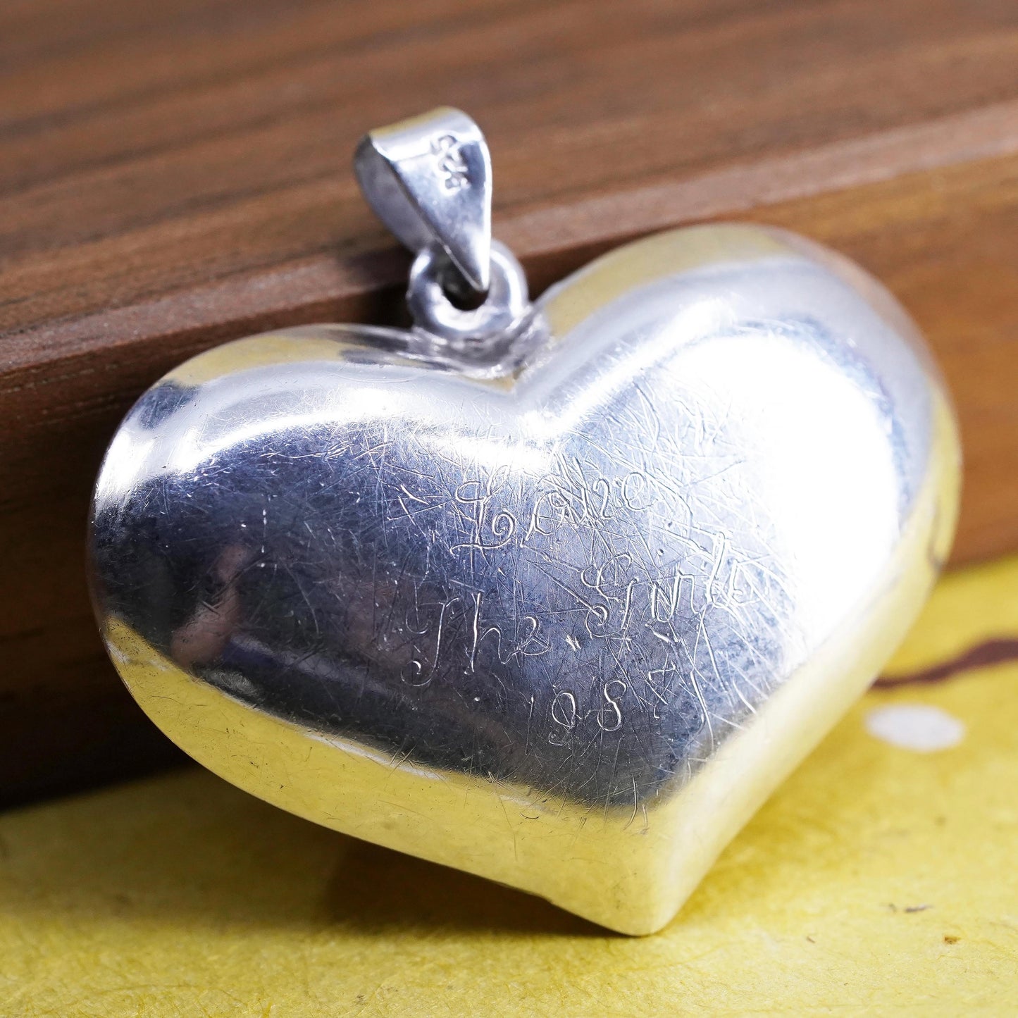 VTG Sterling silver heart pendant, puffy 925 heart engraved “happiness always”