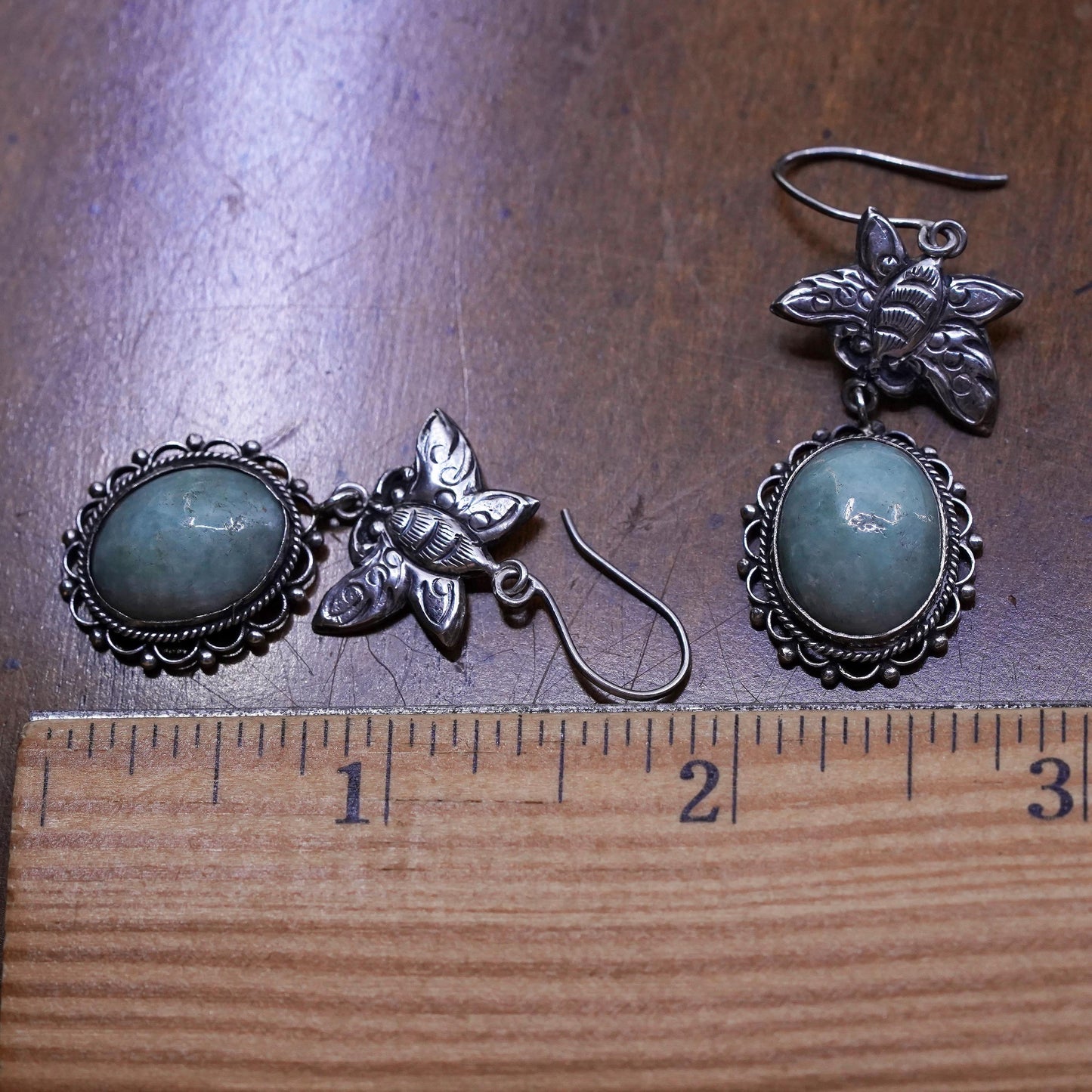 Vintage Sterling silver handmade earrings, 925 jade dangles with butterfly