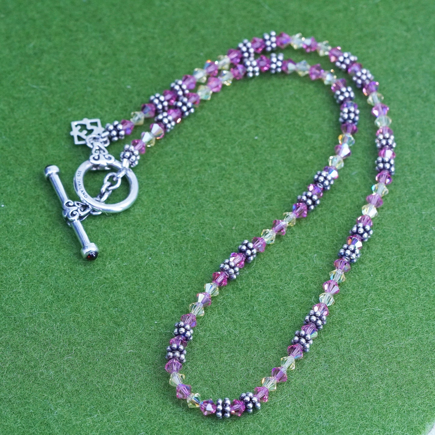 16", Vintage pink crystal breads necklace with Sterling silver toggle closure