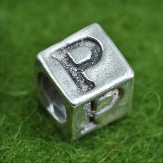 Vintage sterling silver handmade pendant, 925 cube charm engraved letter “P”