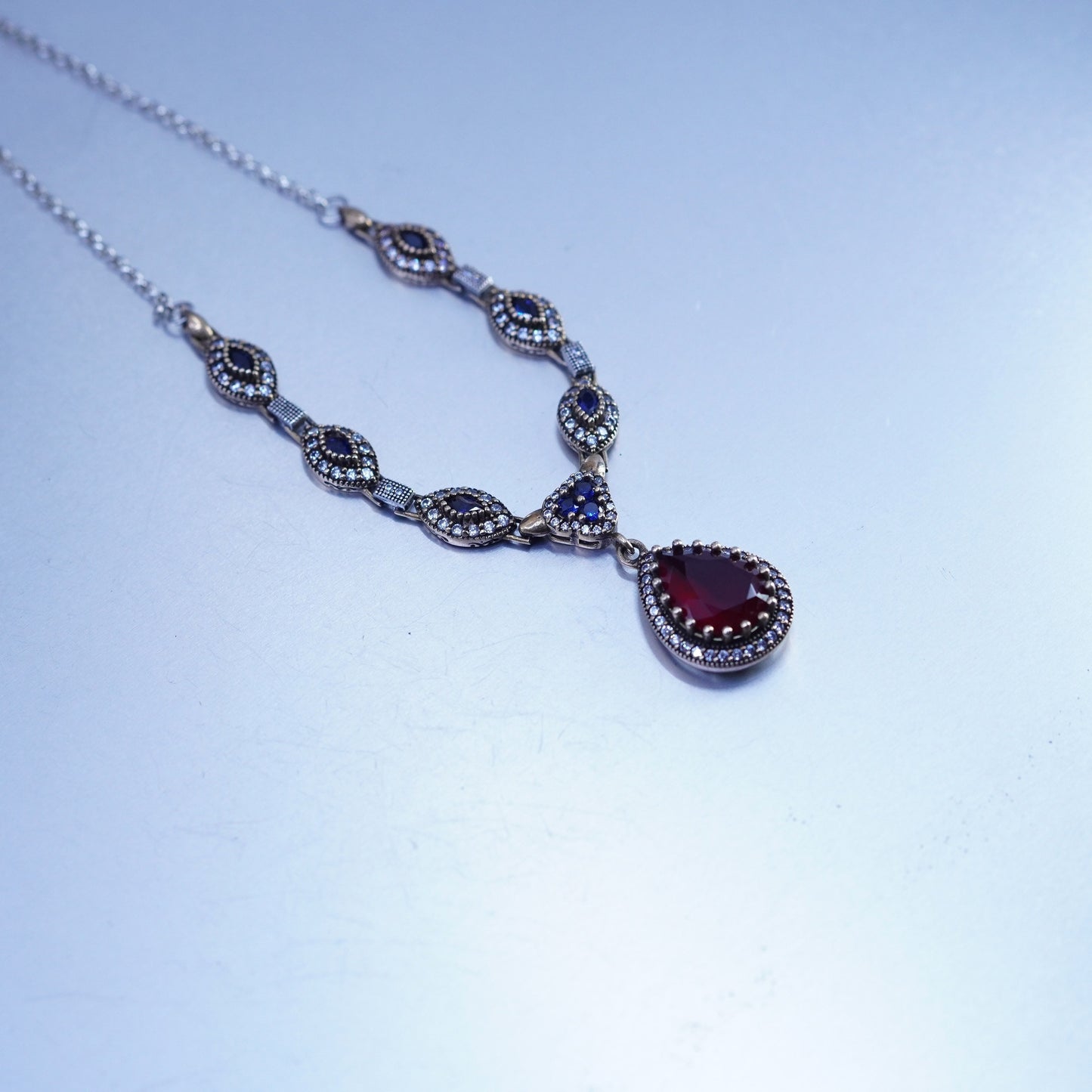 20”, two tone Sterling 925 silver necklace teardrop ruby pendant sapphire