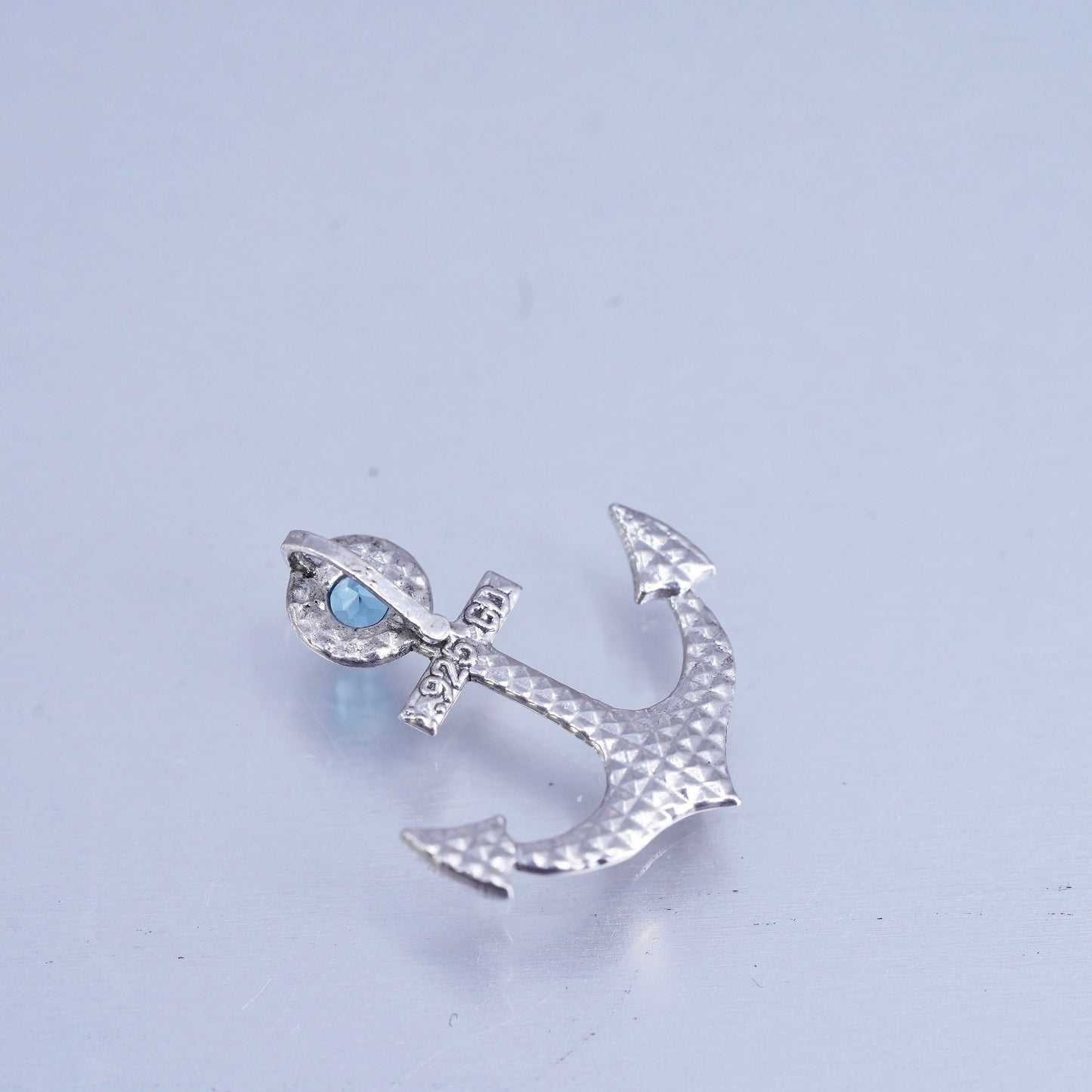 Vintage Italy Sterling 925 silver anchor pendant with blue crystal, stamped 925