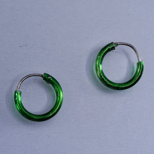 0.5”, vintage Sterling silver handmade earrings, 925 green hoops