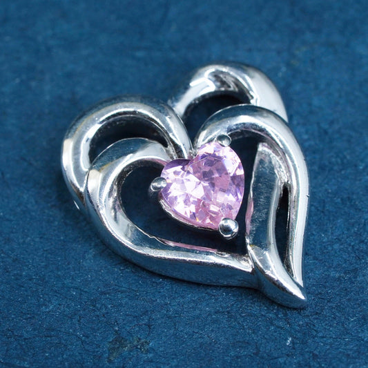 Vintage Sterling silver handmade pendant, 925 double heart with pink cz