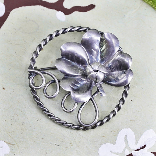 Vintage sterling silver dogwood flower shaped brooch, 925 circle pin