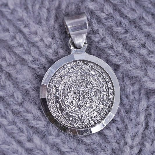 Vintage He Choen Sterling silver handmade pendant, 950 Mayan calendar