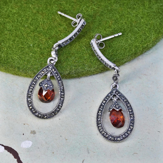 Vintage sterling 925 silver handmade teardrop earrings with ruby and Marcasite