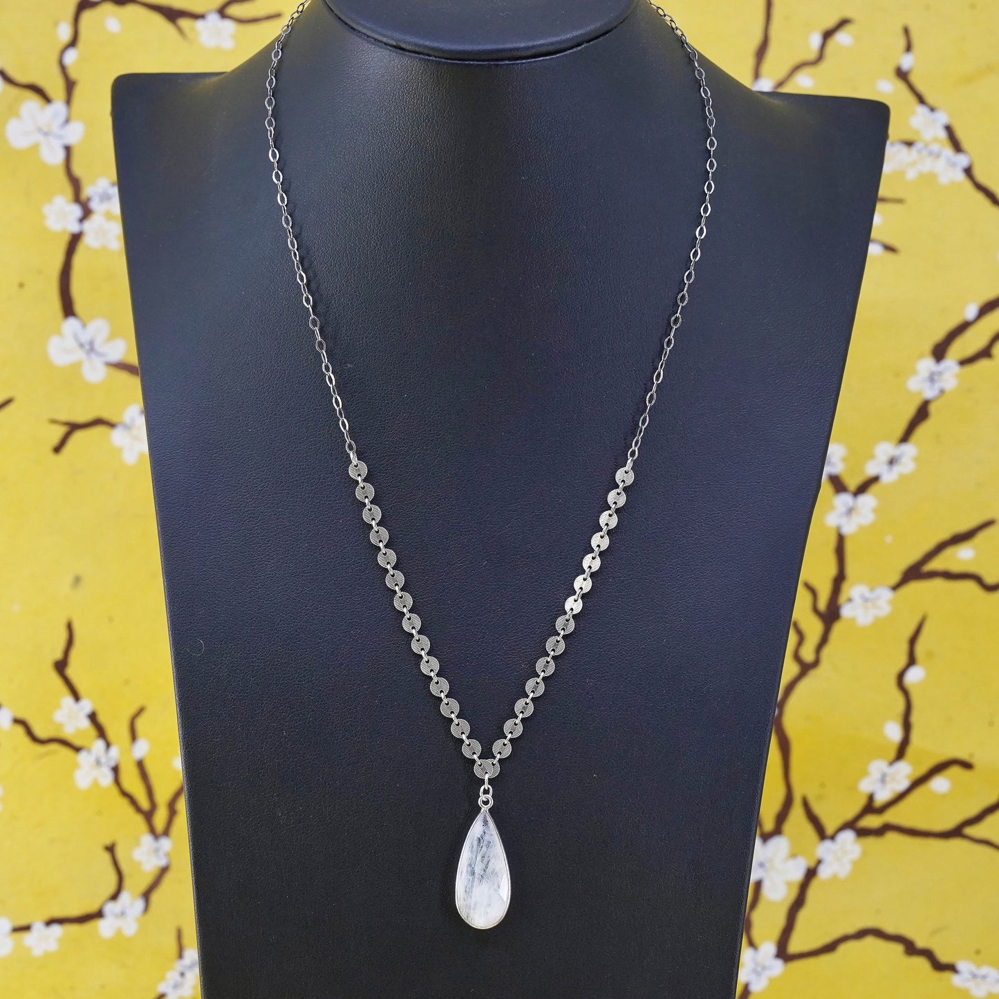 18", sterling silver necklace, 925 circle chain teardrop moonstone pendant