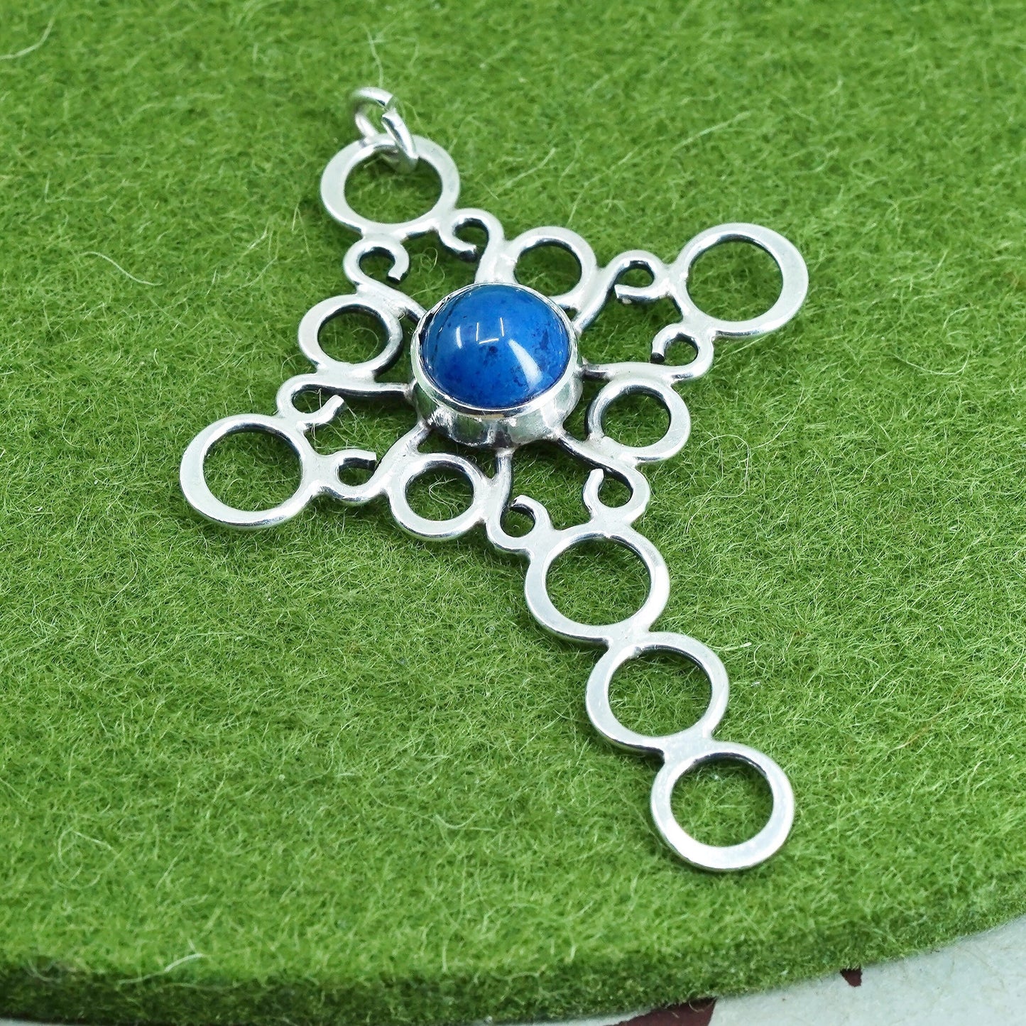 Vintage sterling silver 925 circle cross handmade pendant with blue jasper