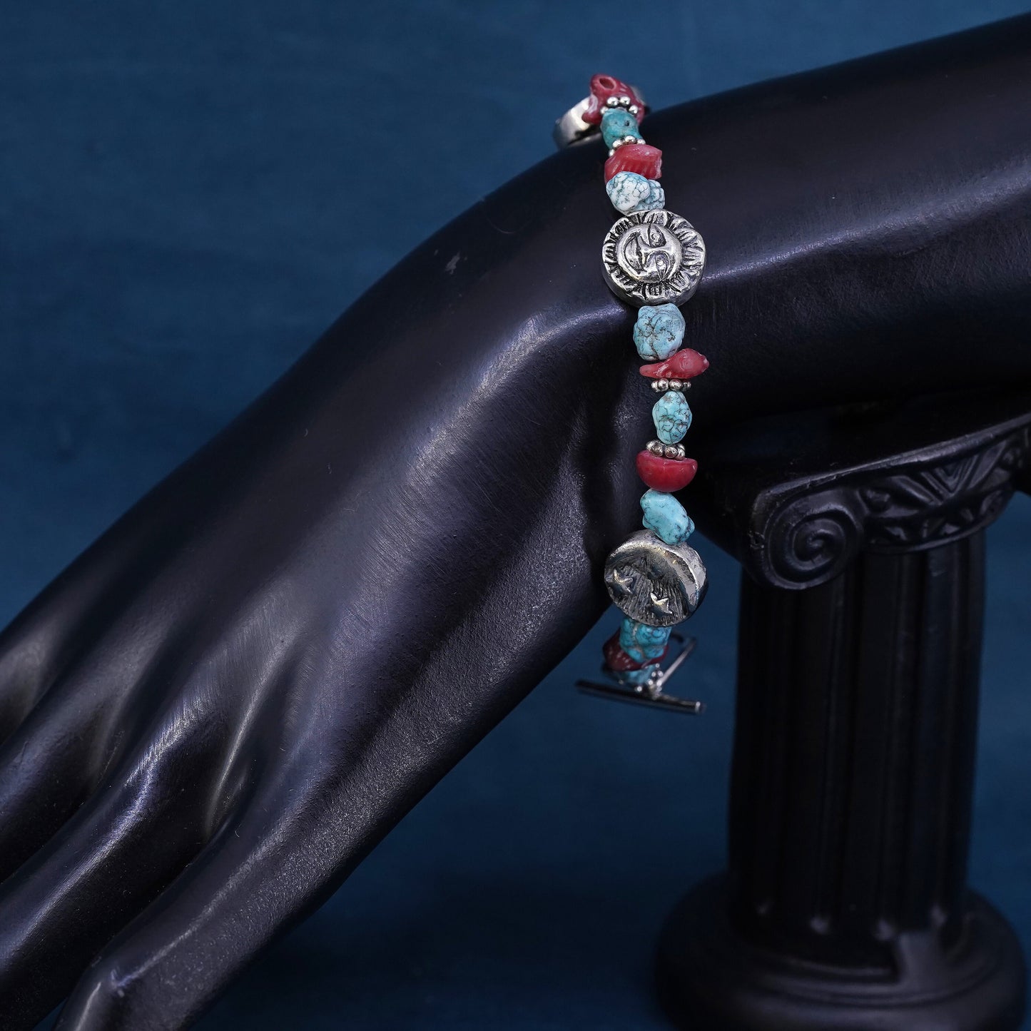 7.5”, sterling silver bracelet, Native American turquoise coral sunface beads