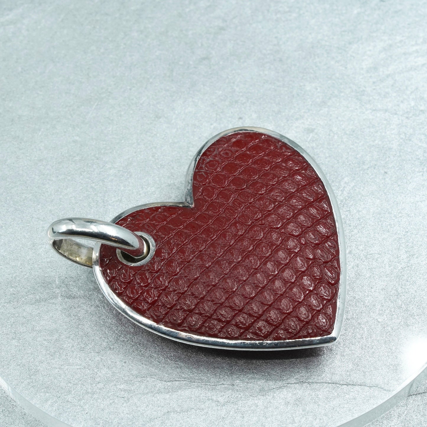 Vintage EEE sterling 925 silver red leather heart pendant