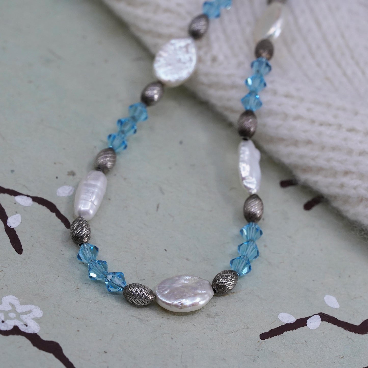 16”, Sterling 925 silver necklace with coin pearl beads and blue crystal