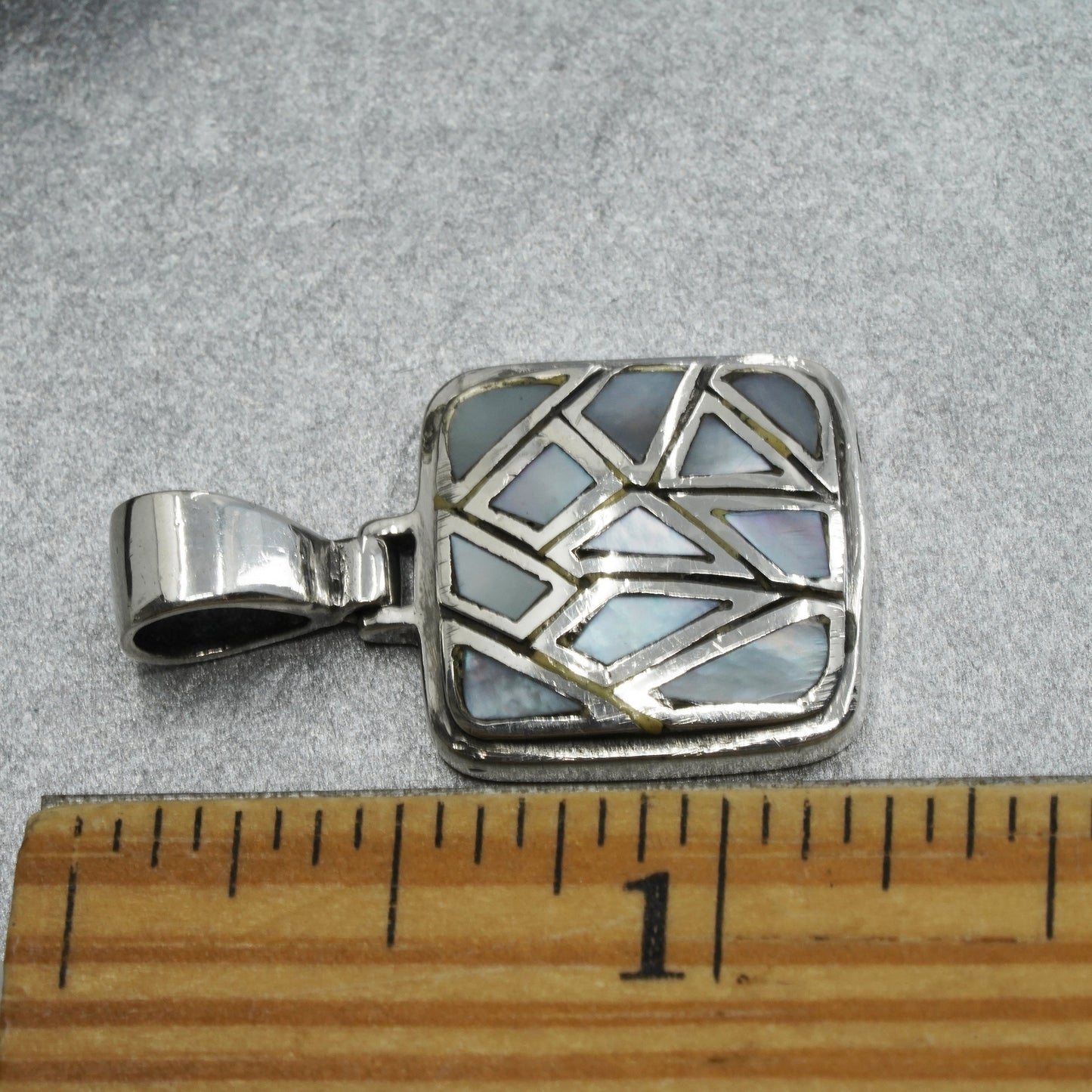 sterling 925 silver handmade square pendant with blue mother of pearl inlay