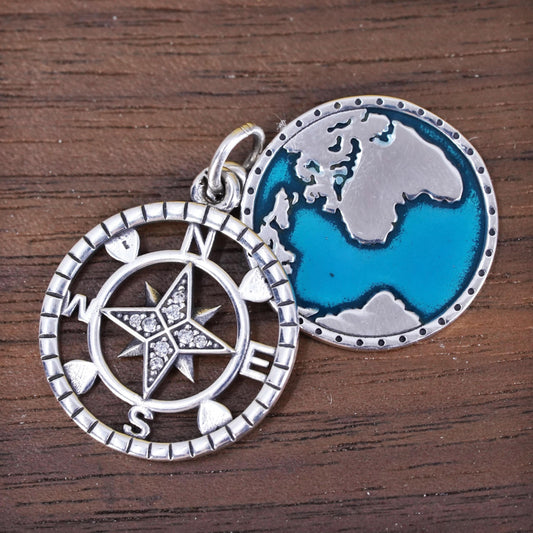 Vintage Sterling silver handmade pendant, 925 compass star, enamel earth charm