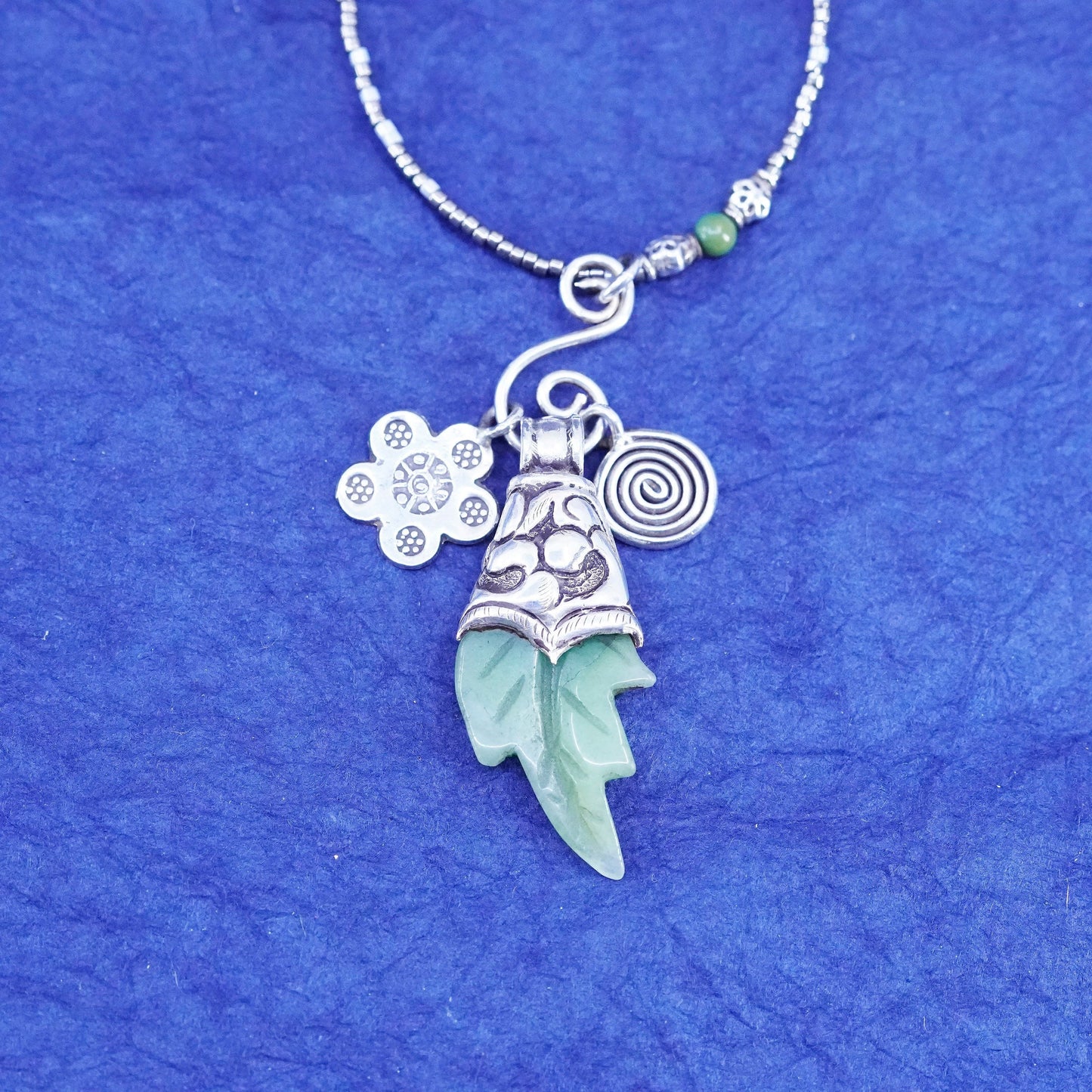 18”, Native American jewelry, Sterling 925 silver heishi bead chain jade leaf