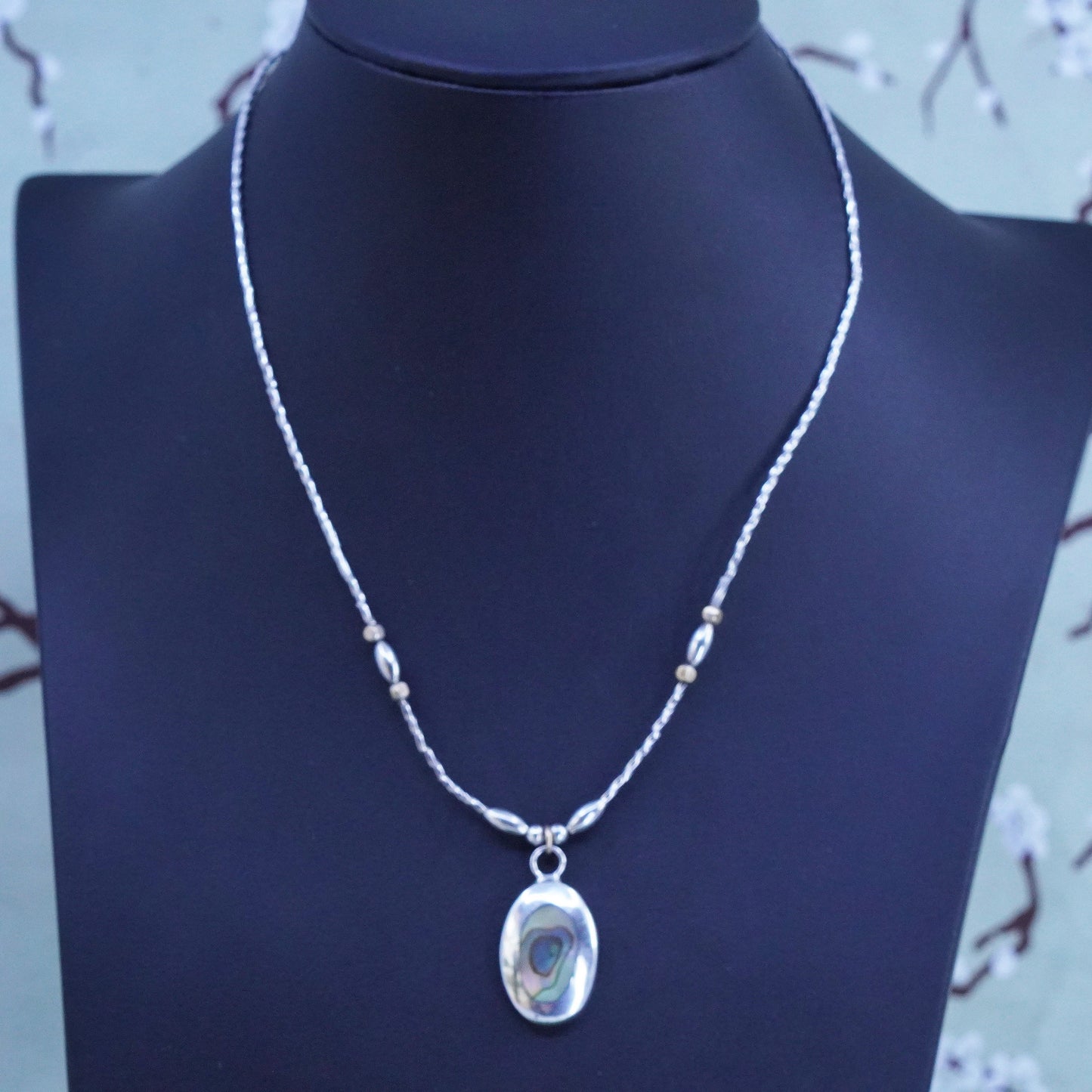 16", 1mm, sterling silver necklace, liquid silver chain with abalone pendant