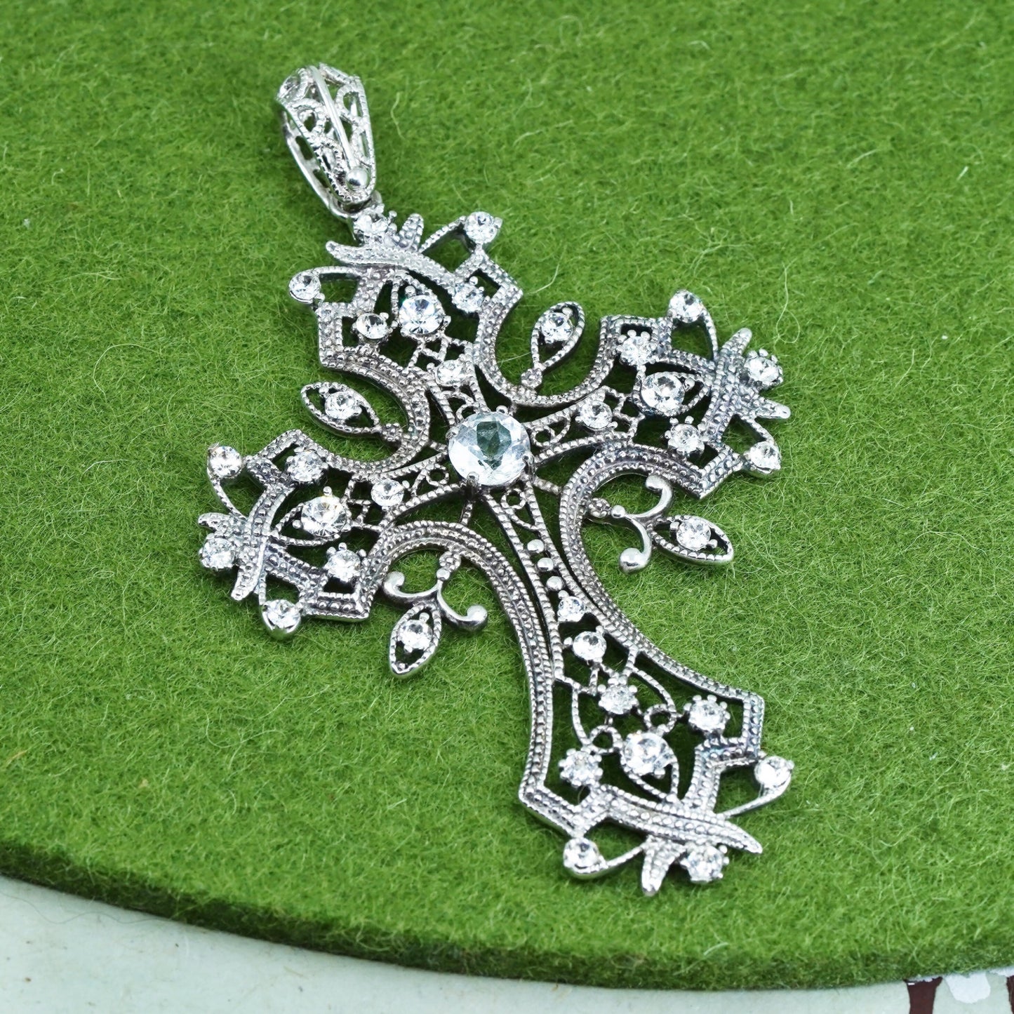 vtg sterling silver pendant, huge 925 filigree cross handmade pendant with Cz