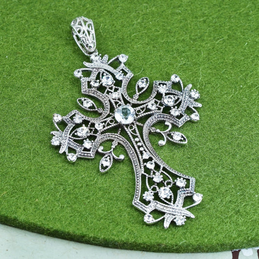 vtg sterling silver pendant, huge 925 filigree cross handmade pendant with Cz