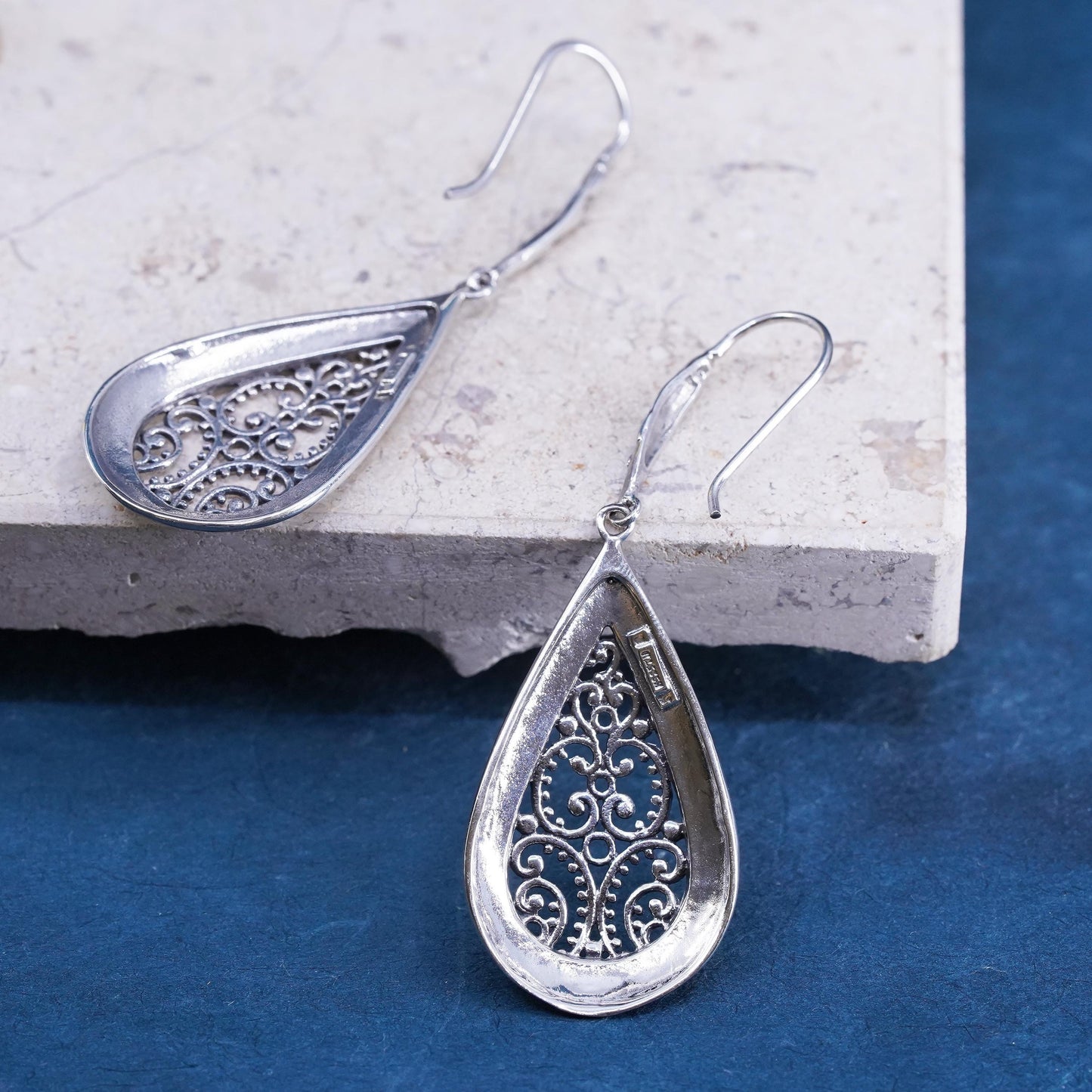 Vintage Sterling silver handmade earrings, 925 filigree teardrops