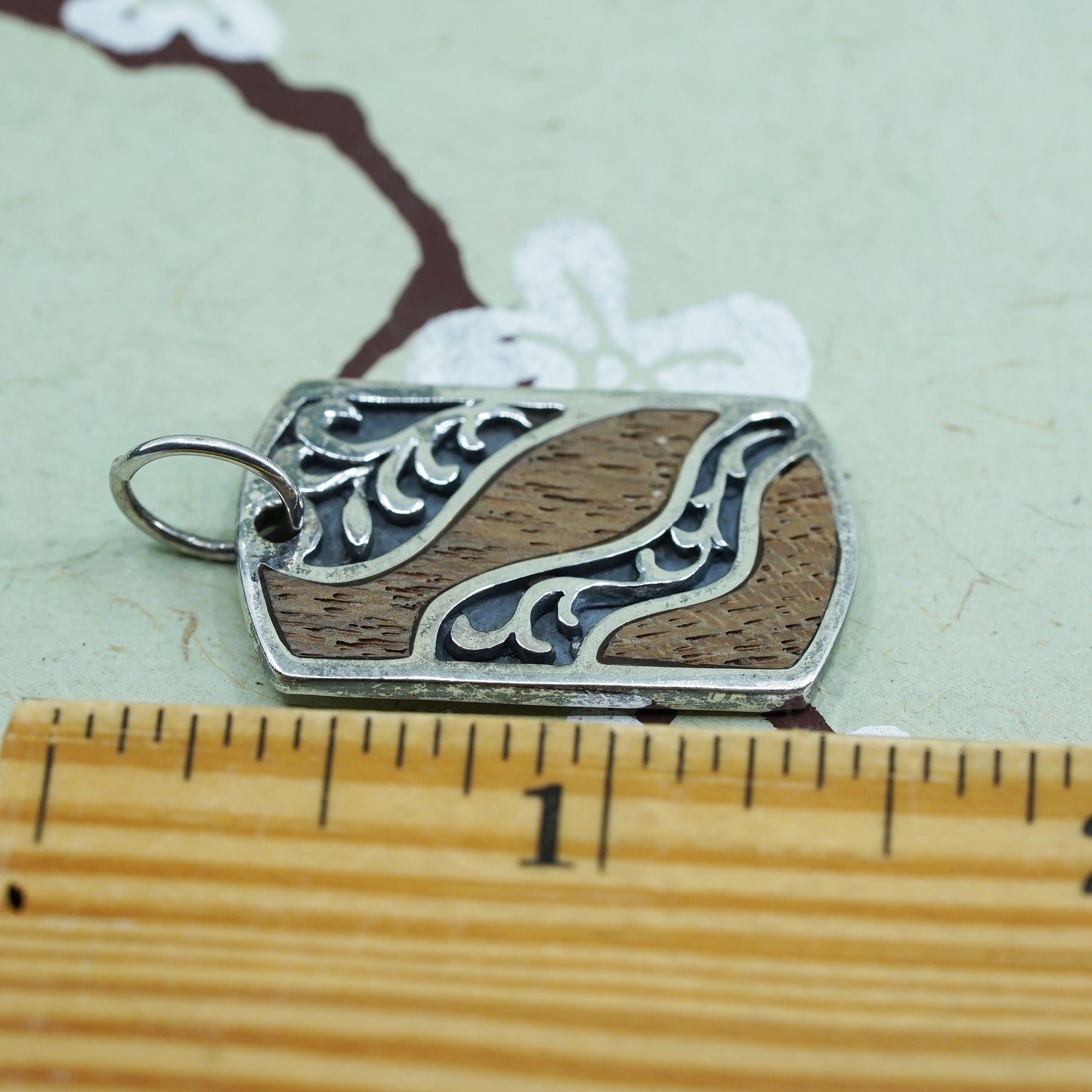 Vintage Sterling silver handmade pendant, 925 tag with wood inlay