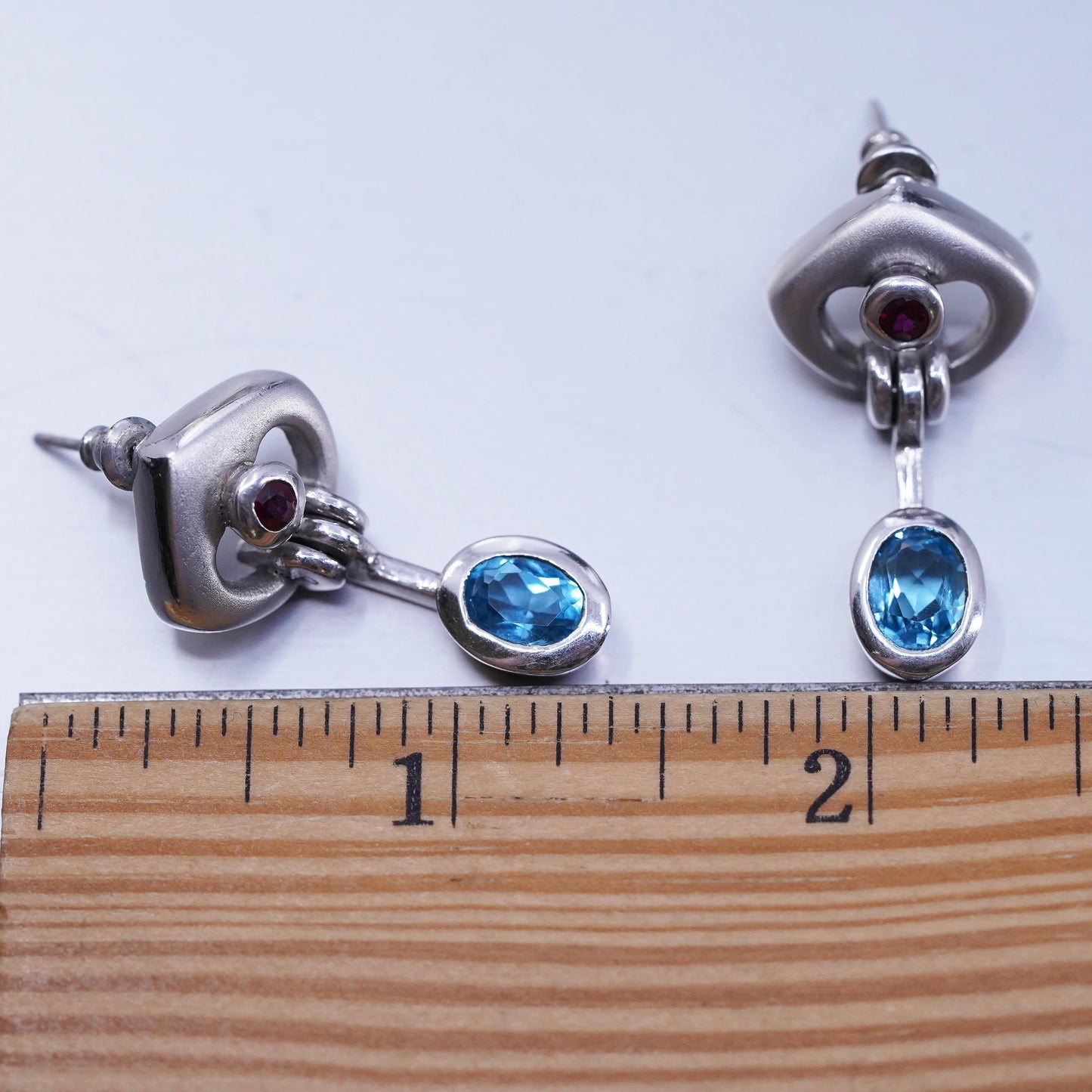 Vintage Sterling 925 silver handmade earrings with blue topaz and ruby