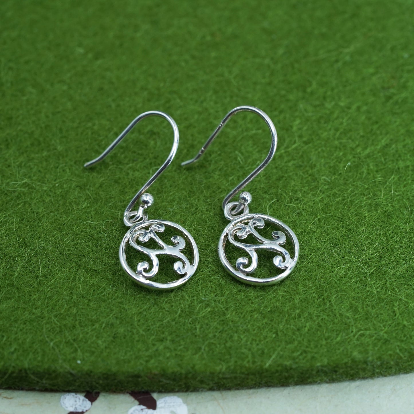 Sterling silver handmade earrings, modern 925 circle disc dangles swirly detail