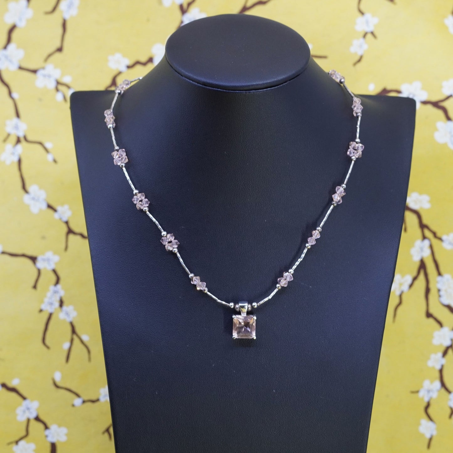 16+2” Sterling silver necklace, 925 silver bar chain with pink crystal pendant