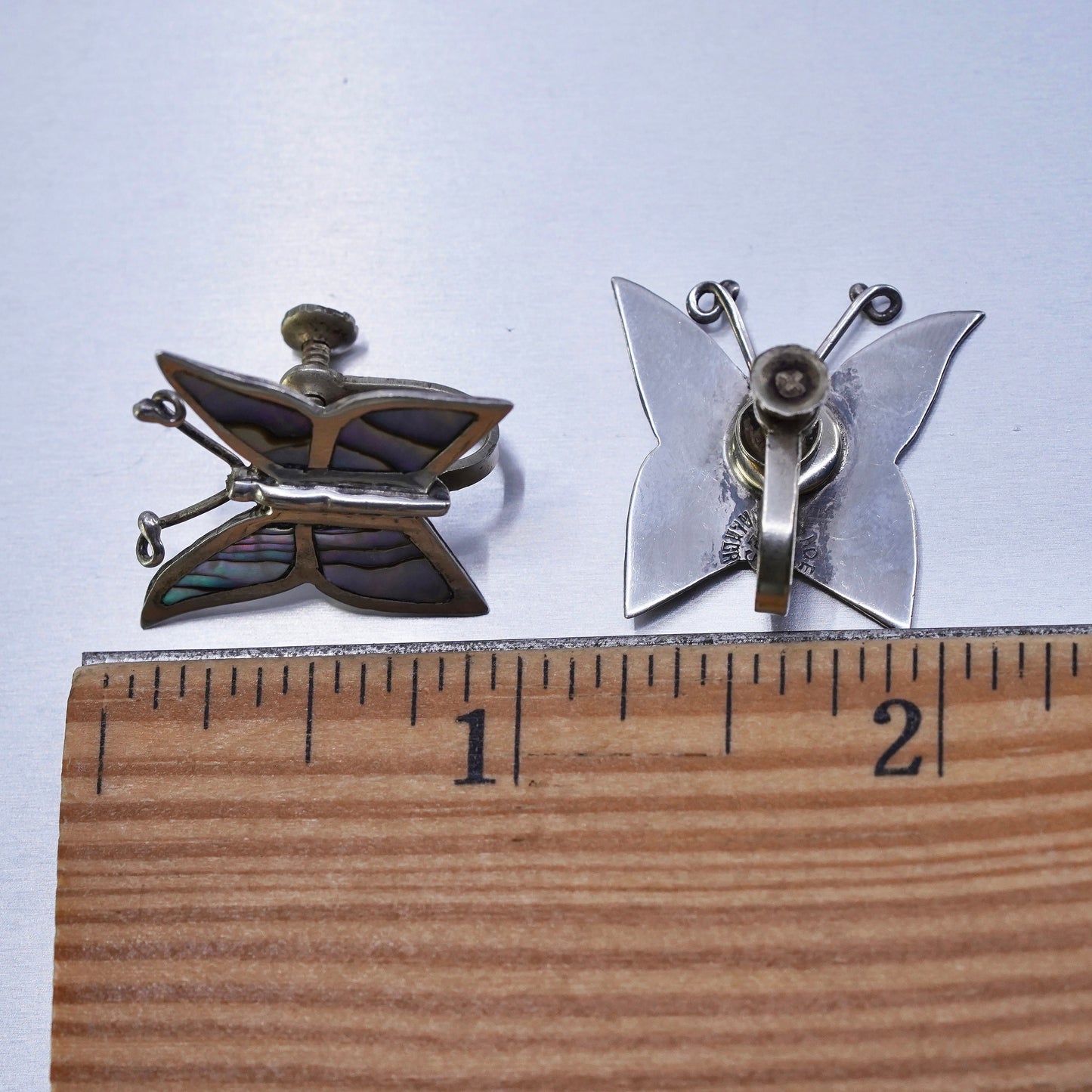 Vintage Sterling 925 silver handmade earrings, butterfly screw back w/ abalone