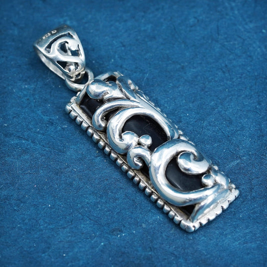 Vintage Sterling silver handmade pendant, 925 filigree long pendant with onyx