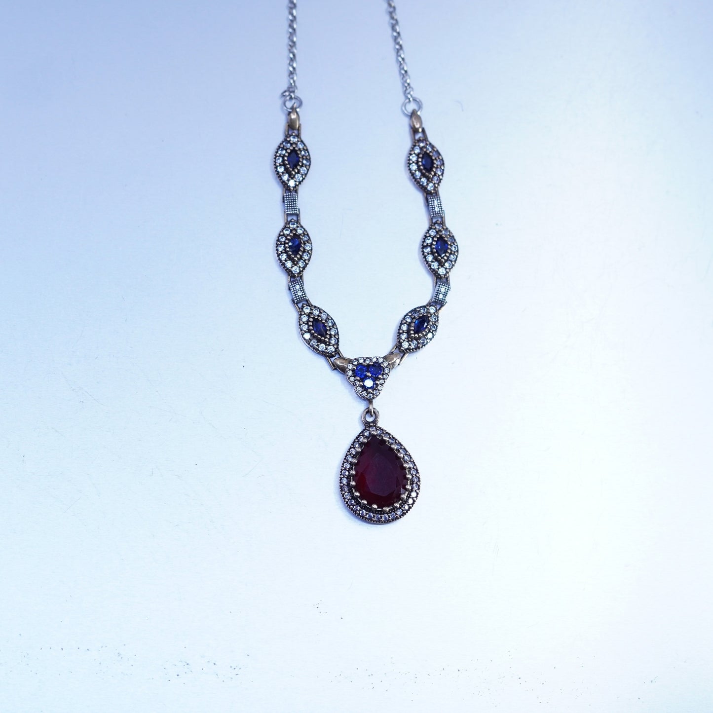 20”, two tone Sterling 925 silver necklace teardrop ruby pendant sapphire