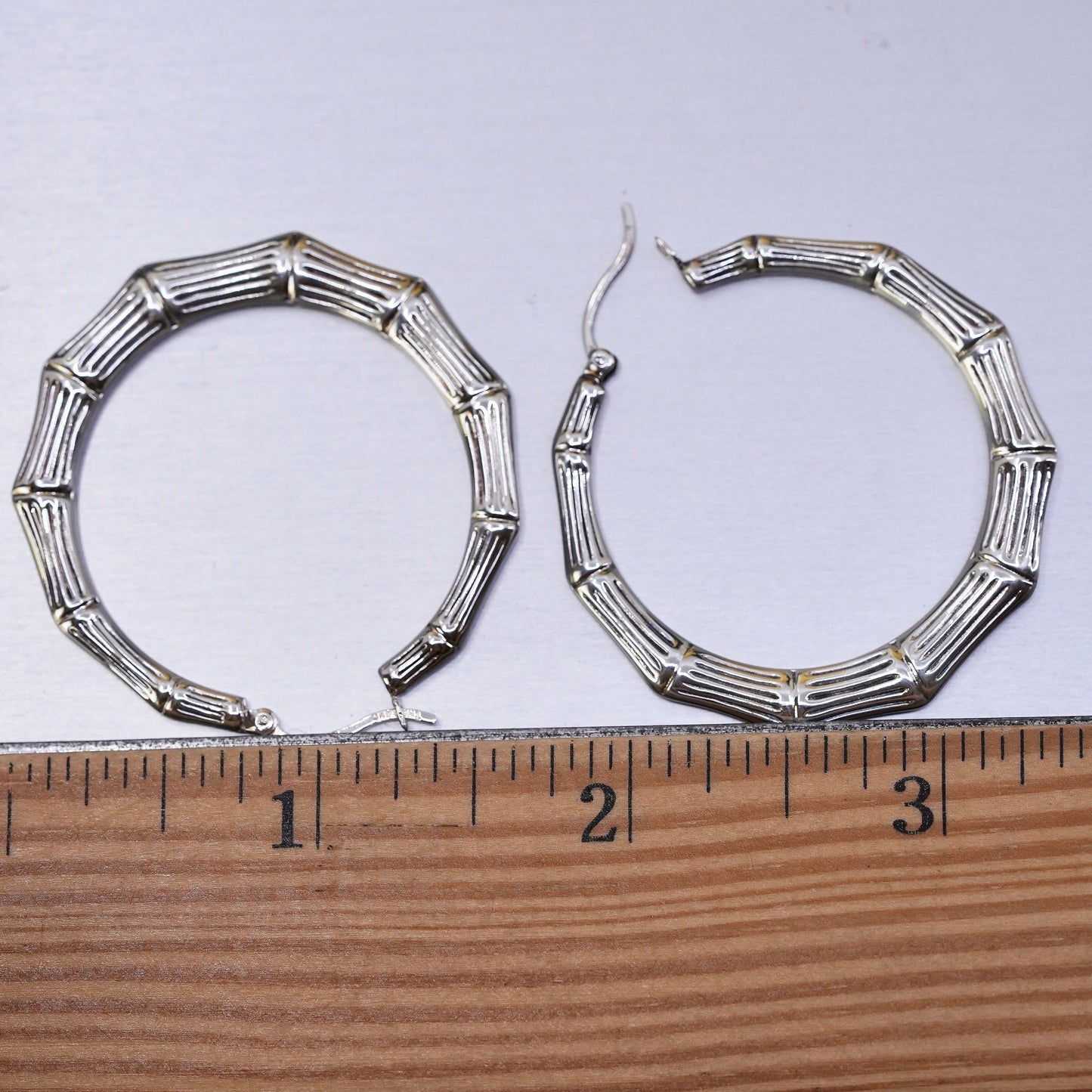 1.75”, Vintage Sterling silver handmade earrings, 925 bamboo textured hoops