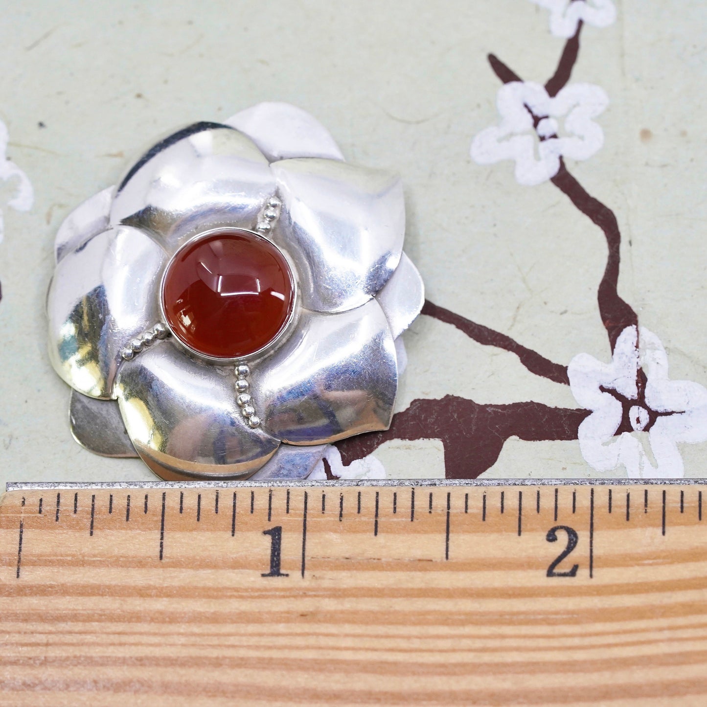 Vintage sterling silver handmade brooch, 925 flower with carnelian