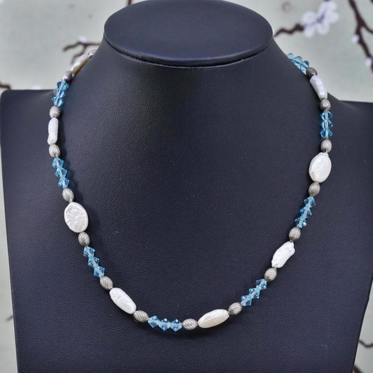 16”, Sterling 925 silver necklace with coin pearl beads and blue crystal