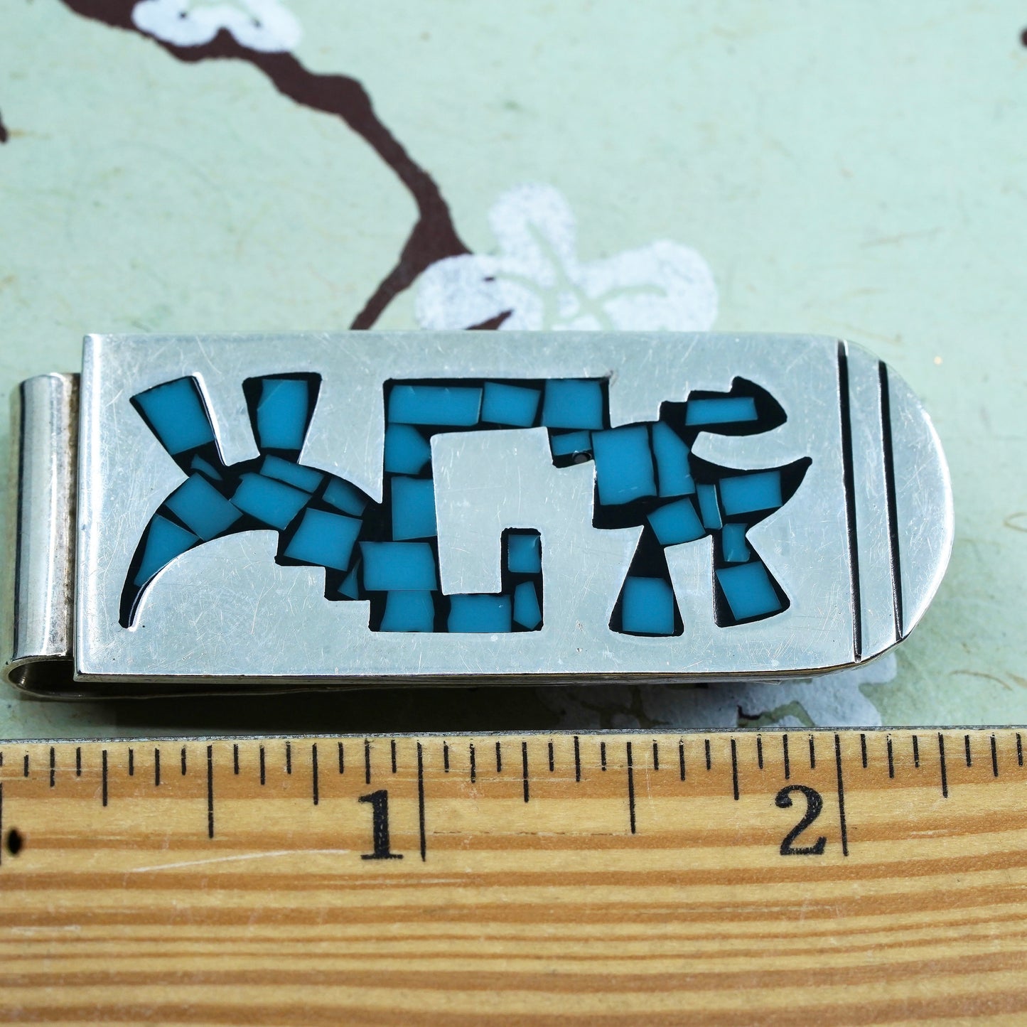 sterling silver handmade money clip, Mexican 925 silver clip w/ turquoise inlay