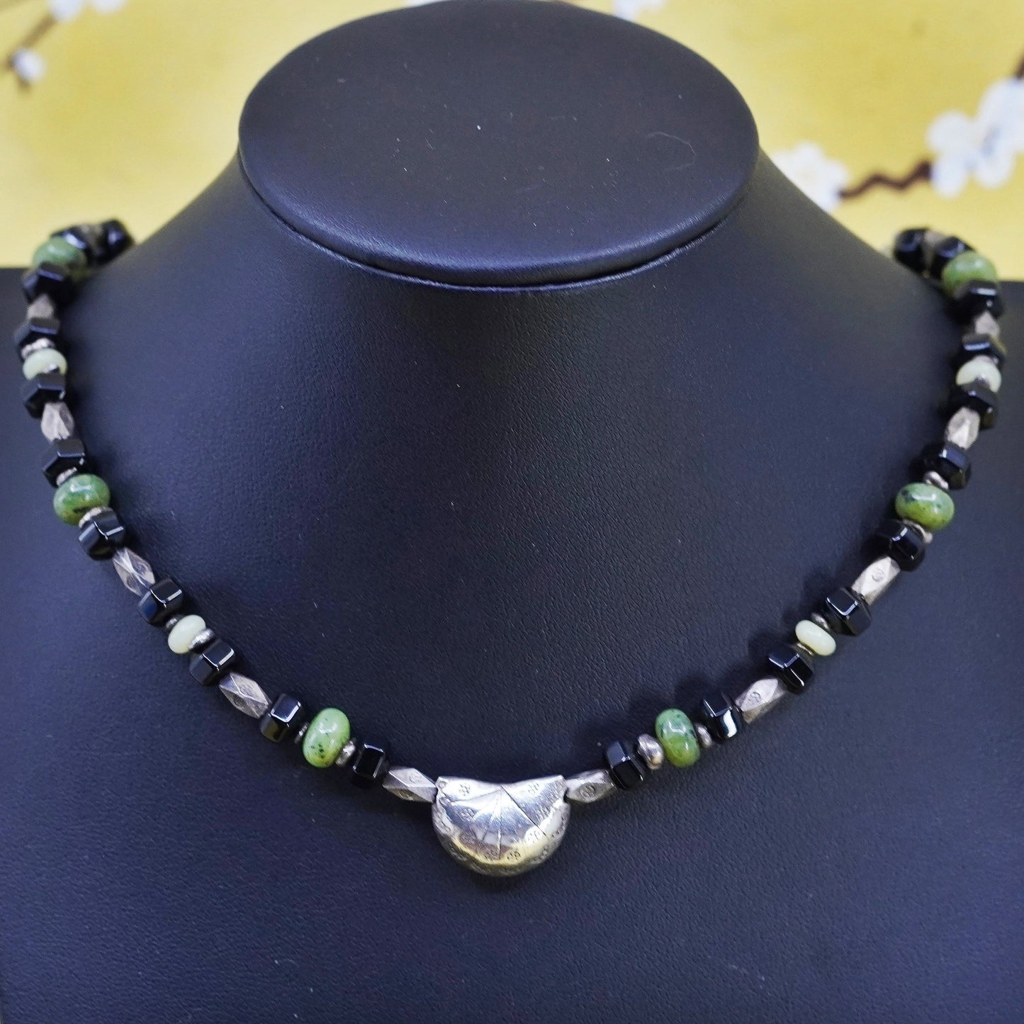 18”, vintage sterling 925 silver handmade necklace with jade obsidian beads