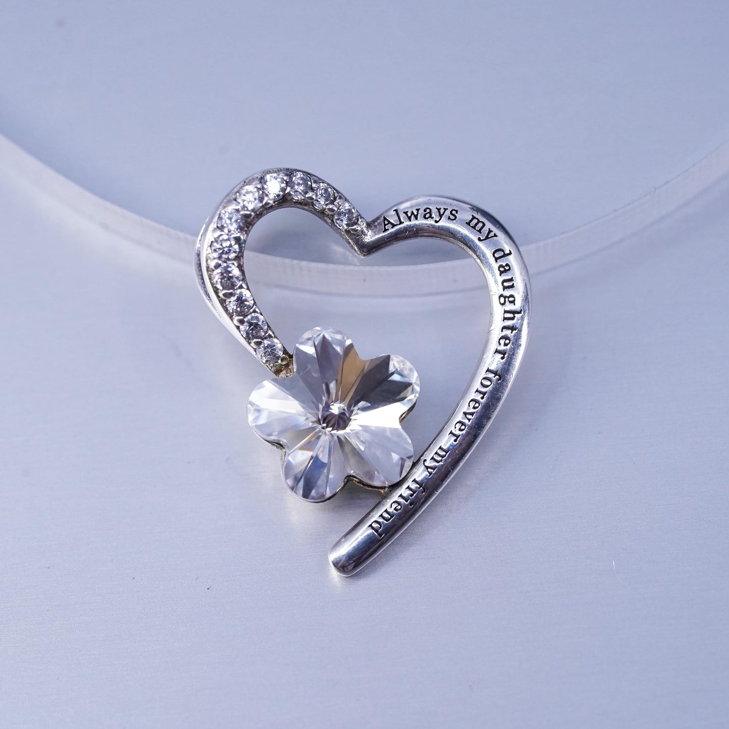 Sterling silver charm with cz flower, 925 heart tag “always my daughter friend”