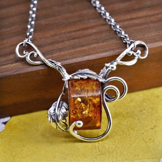 16", sterling silver Y necklace, 925 elongated chain with amber pendant leaves