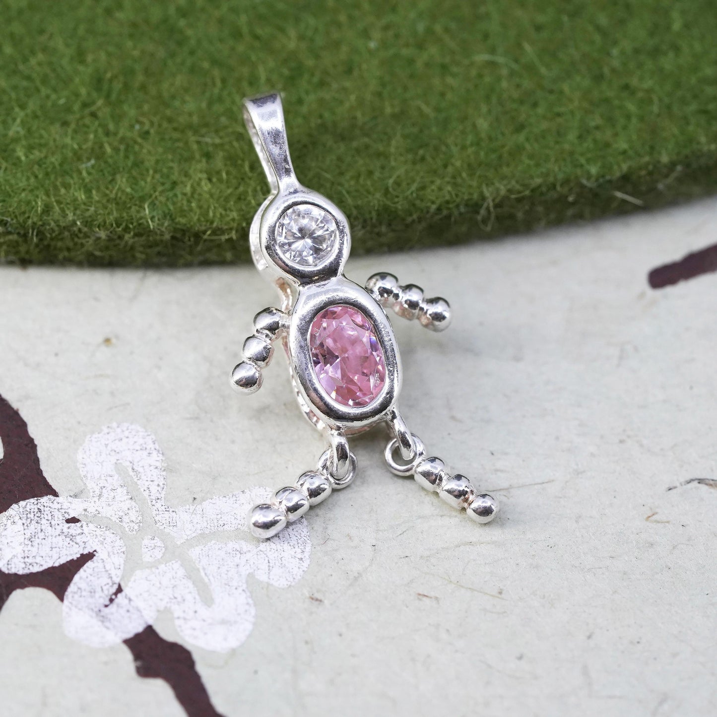 sterling 925 silver birthstone handmade pendant with pink cz boy figure charm