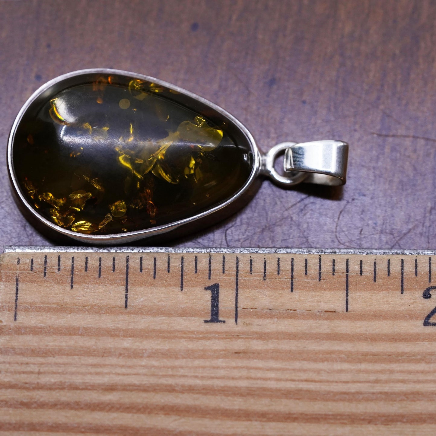 Vintage sterling 925 silver handmade pendant with teardrop amber