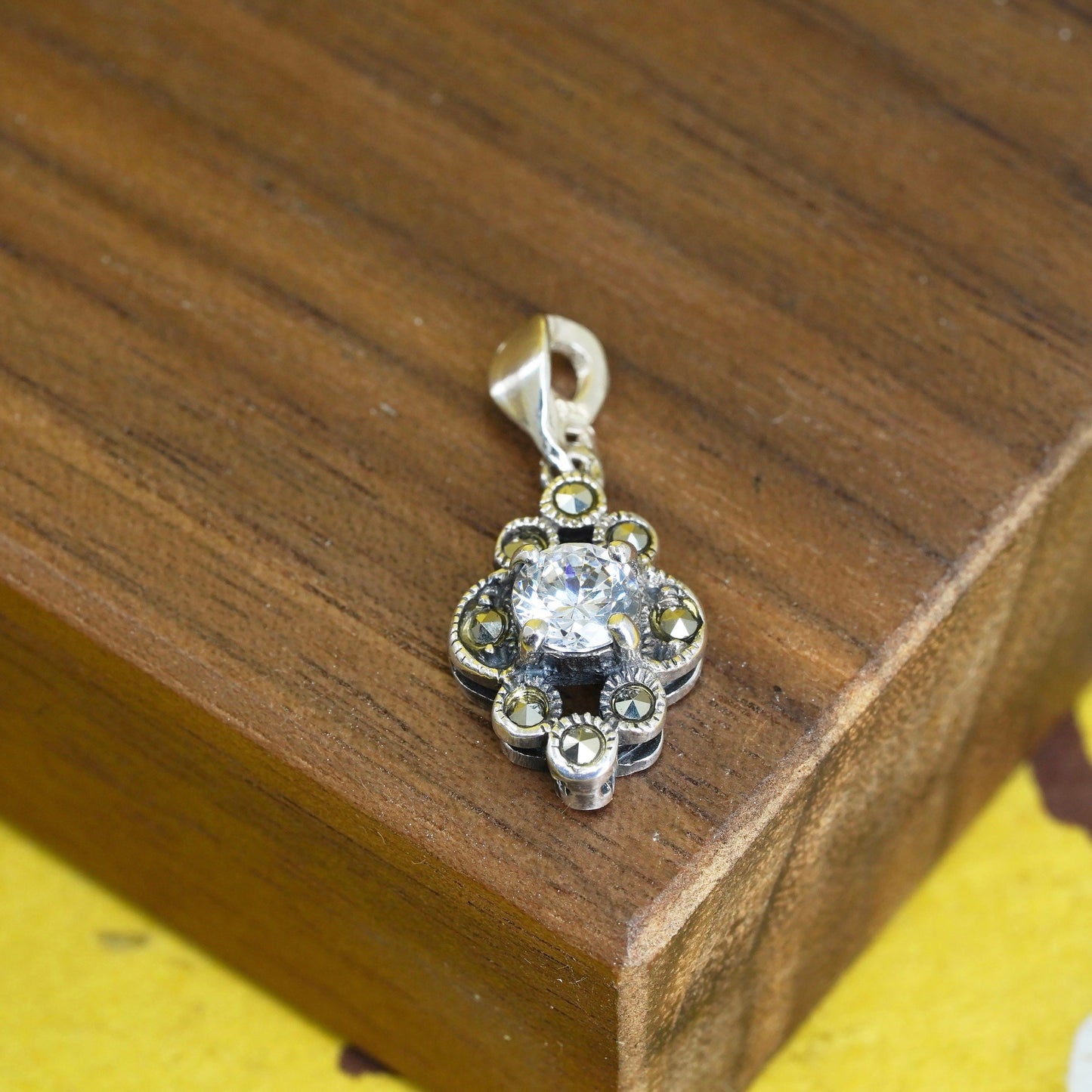 sterling silver handmade pendant, solid 925 silver with marcasite cz details