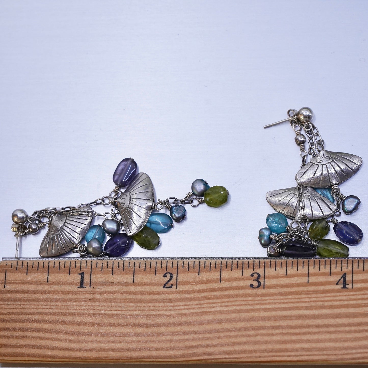 Sterling 925 silver handmade fish earrings with cluster pearl amethyst peridot