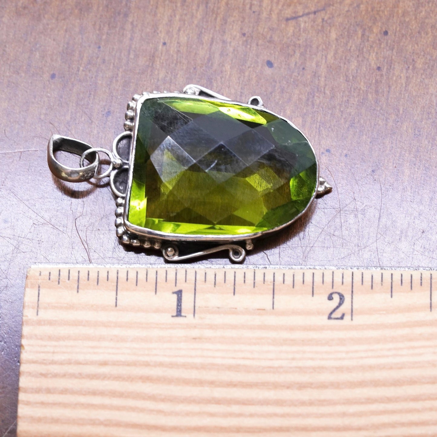 Vintage Sterling 925 silver handmade pendant checkerboard cut green crystal